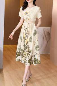 Women Runway French Slim Floral Vintage Elegant Casual Dress
