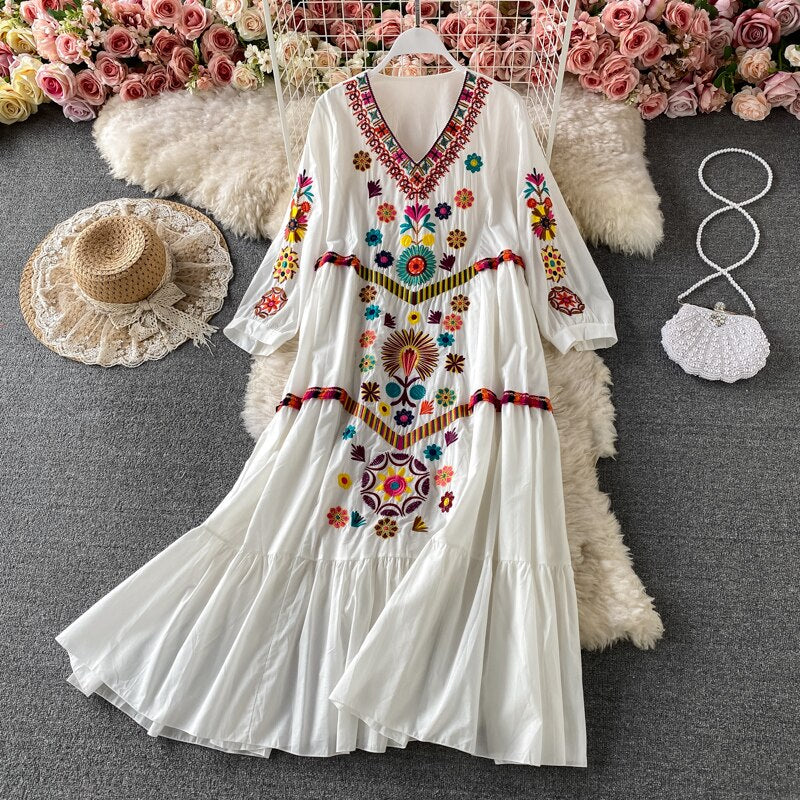 Women Bohemian Embroidered V-Neck Dress