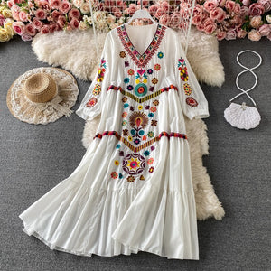 Women Bohemian Embroidered V-Neck Dress