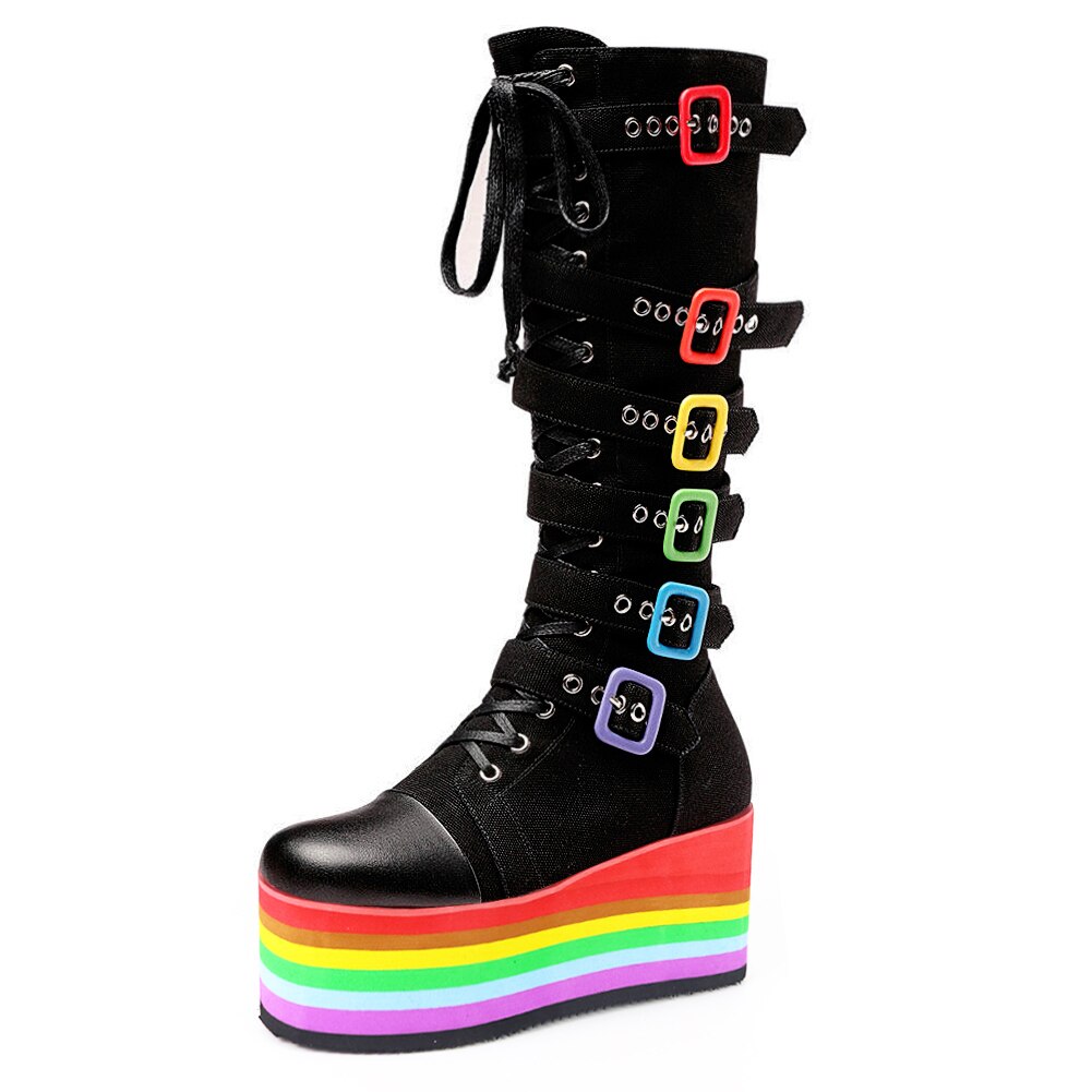Women Gothic Rainbow Platform Buckles Zipper Motorcycle Boots