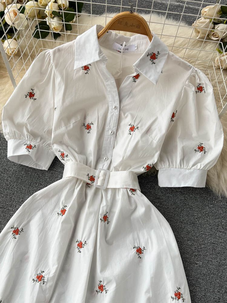 Women Floral Embroidery Belted Dress