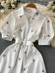 Women Floral Embroidery Belted Dress
