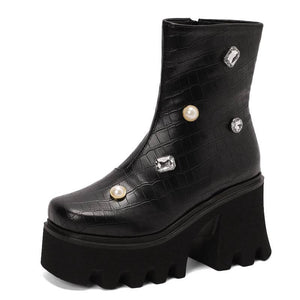 Women Mid-Calf Chunky Platform Rhinestone Boots