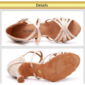 Women Satin Shining Rhinestones Soft Bottom Heel Shoes