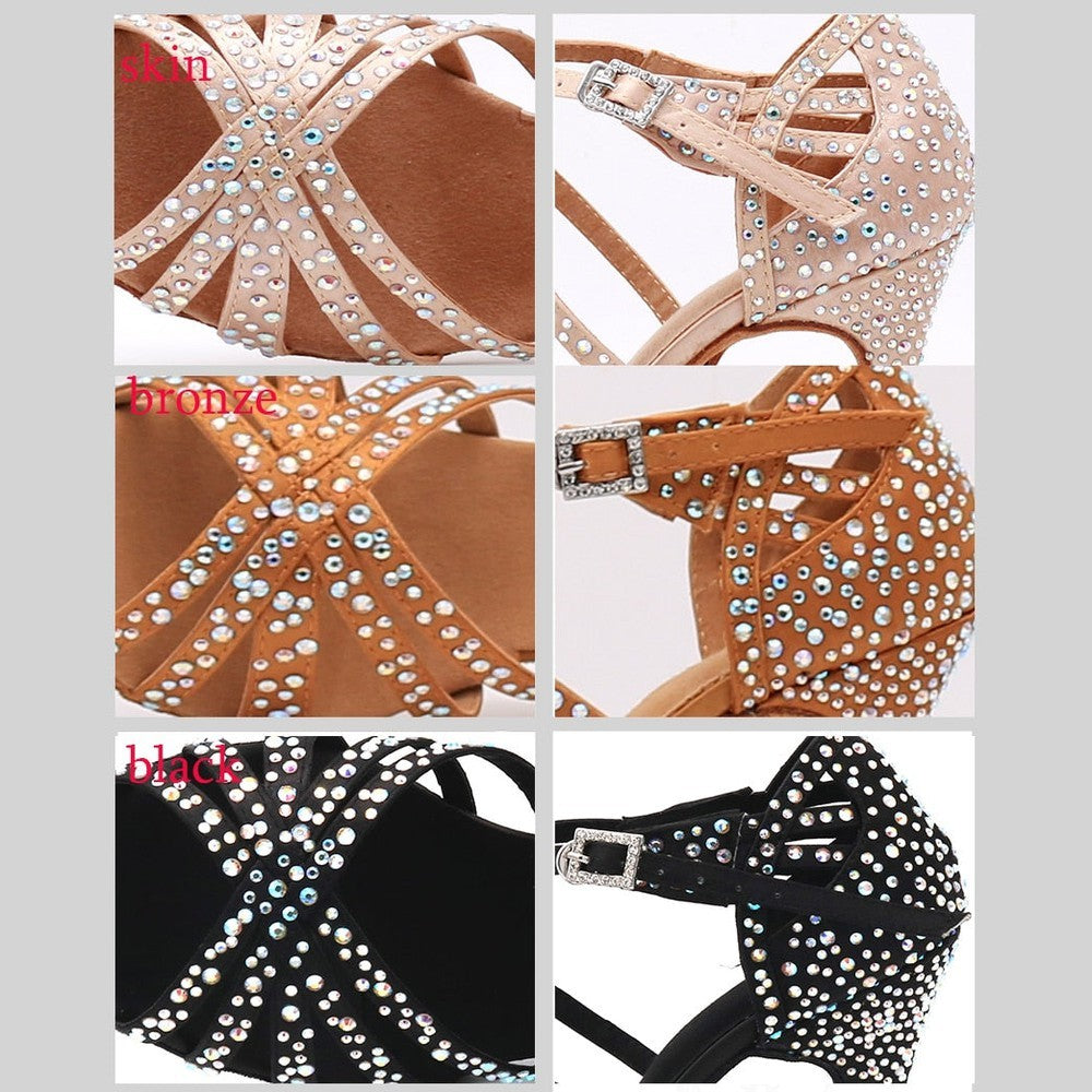 Women Satin Shining Rhinestones Soft Bottom Heel Shoes