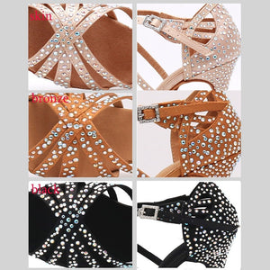 Women Satin Shining Rhinestones Soft Bottom Heel Shoes