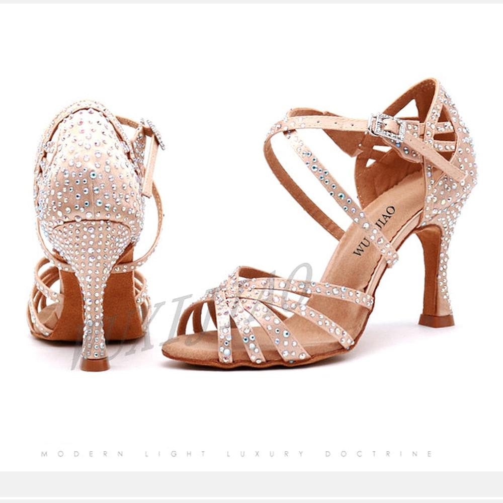 Women Satin Shining Rhinestones Soft Bottom Heel Shoes