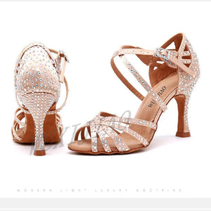 Women Satin Shining Rhinestones Soft Bottom Heel Shoes