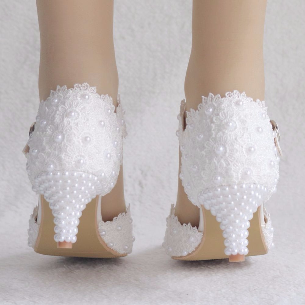 Women Handmade White Lace High Heels Pumps Shoes