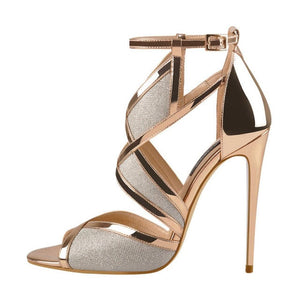 Women Peep Toe High Heel Glitter Cut Out Ankle Strap Sandals