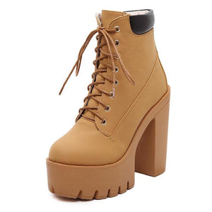 Women Platform Ankle Lace Up Thick Heel Worker Boots
