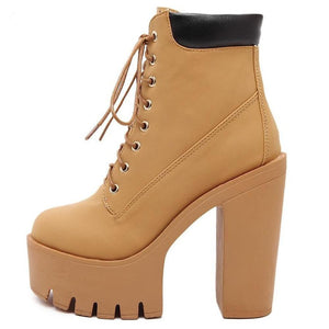 Women Platform Ankle Lace Up Thick Heel Worker Boots