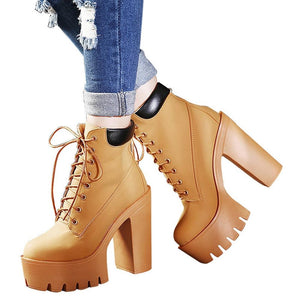 Women Platform Ankle Lace Up Thick Heel Worker Boots