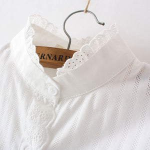 Women Cotton Lace White Shirts Ruffle Slim Soft Blouse