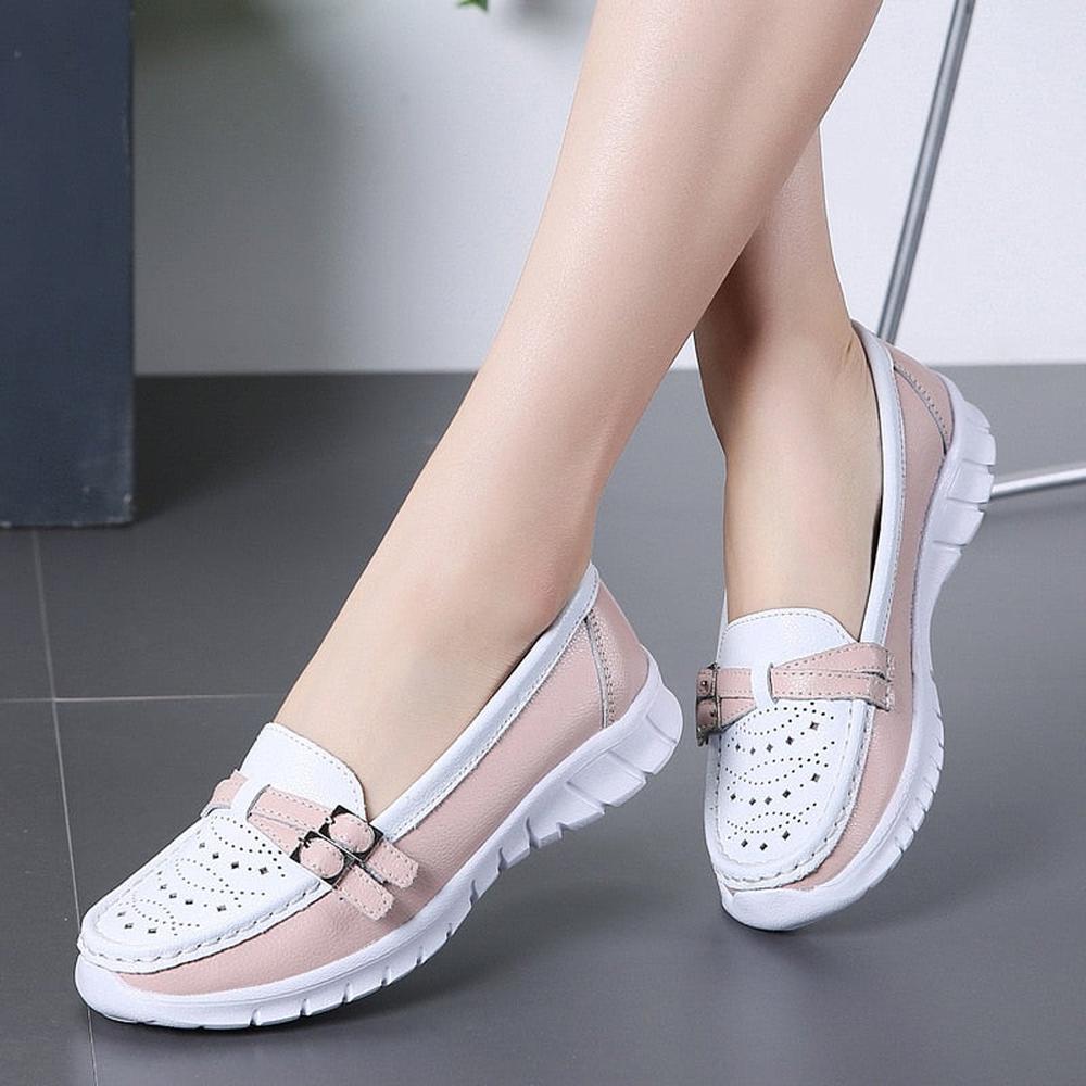 Women Genuine Leather Flats Moccasin Loafers Slip On Hollow EVA Shoes