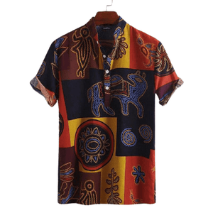 Men Hawaiian Printing Cotton Stand Collar Vintage Breathable  Shirts