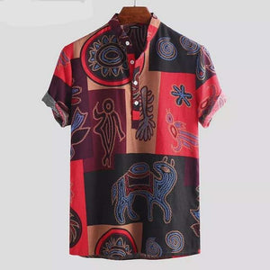 Men Hawaiian Printing Cotton Stand Collar Vintage Breathable  Shirts