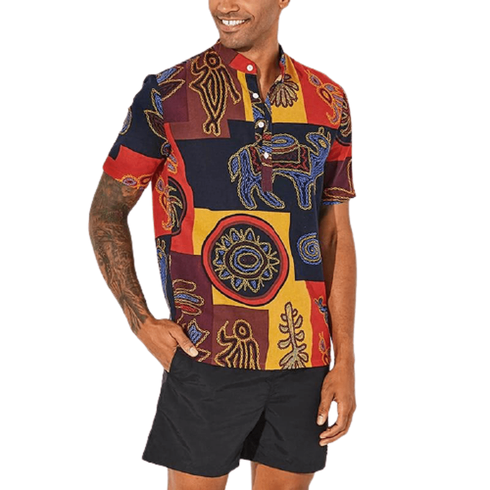 Men Hawaiian Printing Cotton Stand Collar Vintage Breathable  Shirts