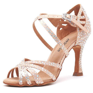 Women Satin Shining Rhinestones Soft Bottom Heel Shoes