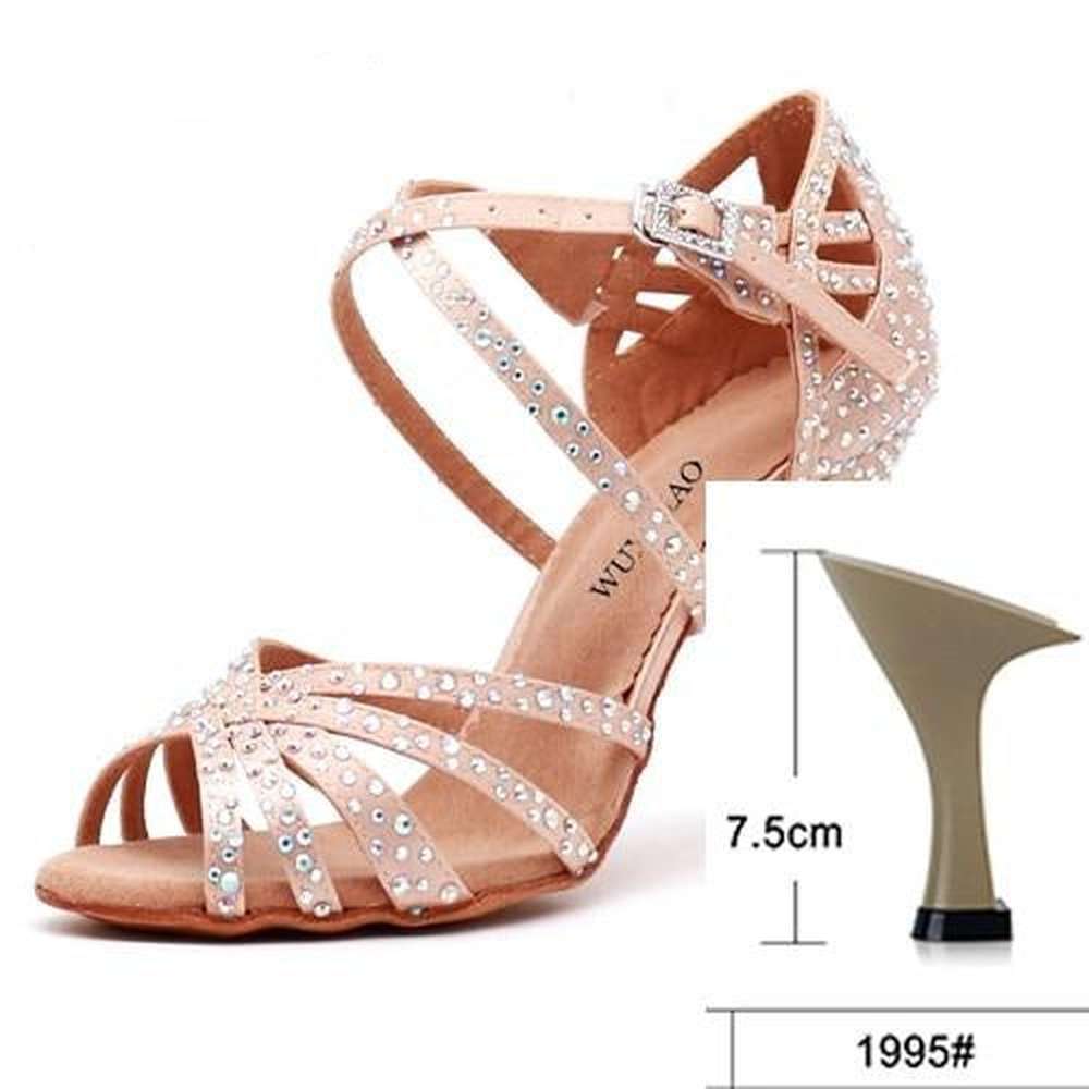 Women Satin Shining Rhinestones Soft Bottom Heel Shoes