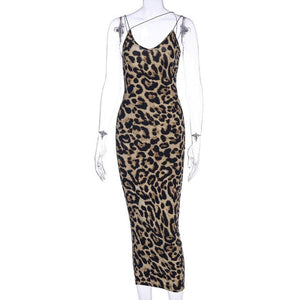 Women's Leopard Print Sleeveless V-neck Midi Dress