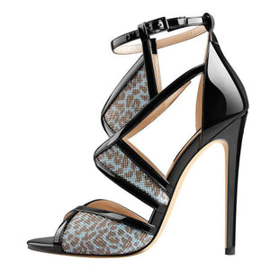Women Peep Toe High Heel Glitter Cut Out Ankle Strap Sandals