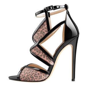 Women Peep Toe High Heel Glitter Cut Out Ankle Strap Sandals