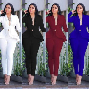 Women Tracksuit Full Sleeve Ruffles Blazers Pencil Pants Suit 2 Piece Set