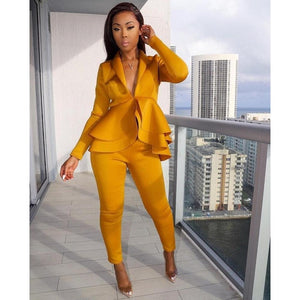 Women Tracksuit Full Sleeve Ruffles Blazers Pencil Pants Suit 2 Piece Set