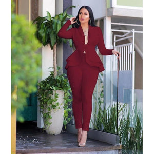 Women Tracksuit Full Sleeve Ruffles Blazers Pencil Pants Suit 2 Piece Set