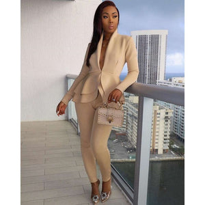 Women Tracksuit Full Sleeve Ruffles Blazers Pencil Pants Suit 2 Piece Set