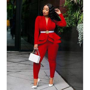 Women Tracksuit Full Sleeve Ruffles Blazers Pencil Pants Suit 2 Piece Set