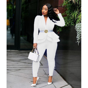 Women Tracksuit Full Sleeve Ruffles Blazers Pencil Pants Suit 2 Piece Set