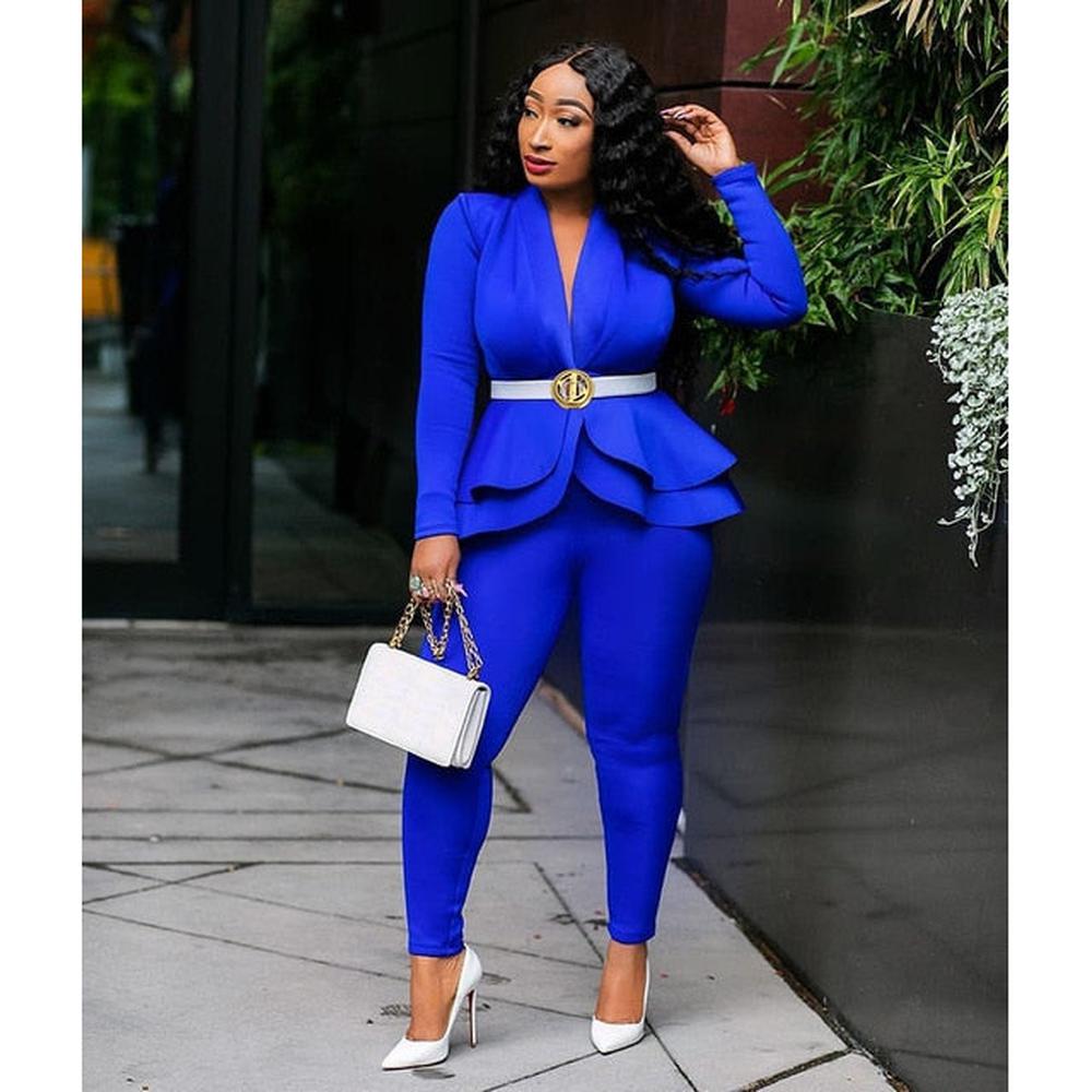 Women Tracksuit Full Sleeve Ruffles Blazers Pencil Pants Suit 2 Piece Set