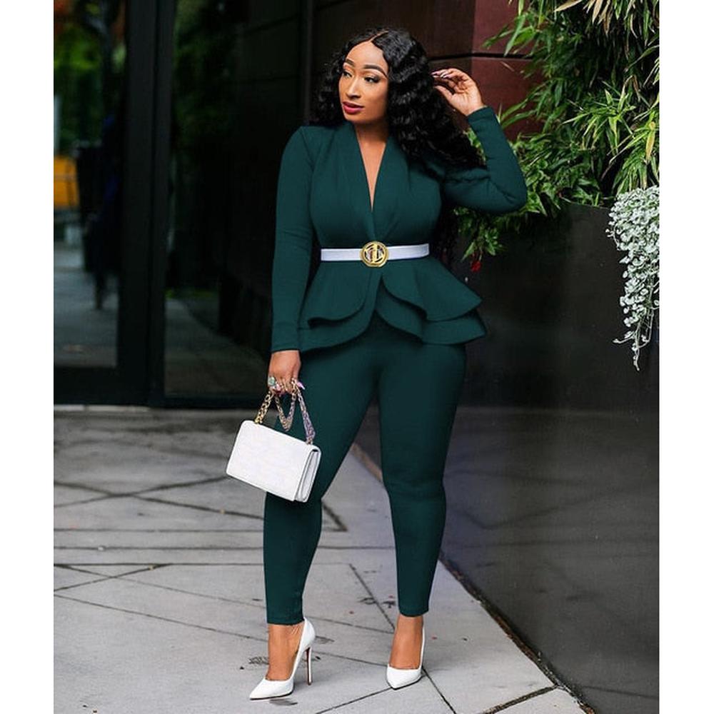 Women Tracksuit Full Sleeve Ruffles Blazers Pencil Pants Suit 2 Piece Set