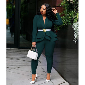 Women Tracksuit Full Sleeve Ruffles Blazers Pencil Pants Suit 2 Piece Set