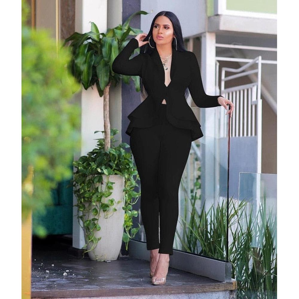 Women Tracksuit Full Sleeve Ruffles Blazers Pencil Pants Suit 2 Piece Set