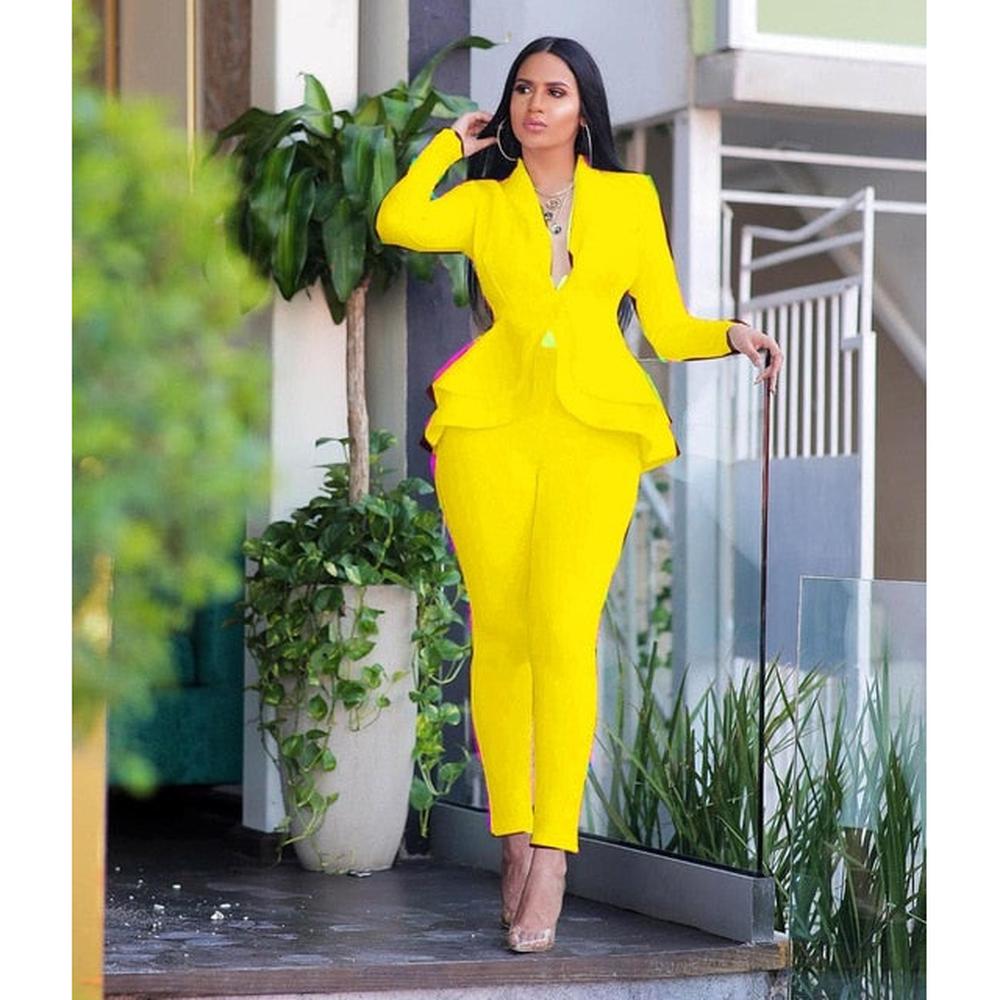 Women Tracksuit Full Sleeve Ruffles Blazers Pencil Pants Suit 2 Piece Set