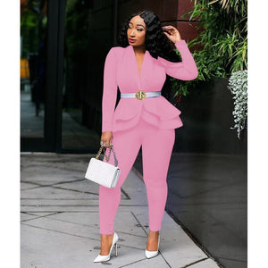 Women Tracksuit Full Sleeve Ruffles Blazers Pencil Pants Suit 2 Piece Set