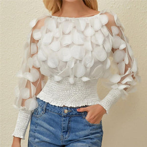 Women Off Shoulder 3D Flower Vintage Shirt Blouse
