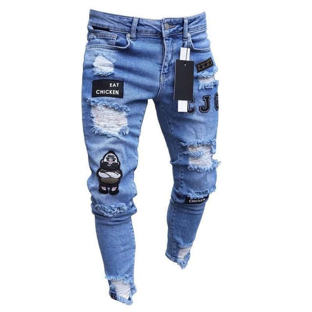 Men Broken Hole Embroidered Pencil jeans