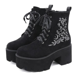 Women Flower Chunky Punk Suede Leather Gothic Back Zipper Platform Boots