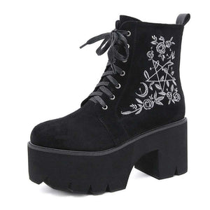 Women Flower Chunky Punk Suede Leather Gothic Back Zipper Platform Boots