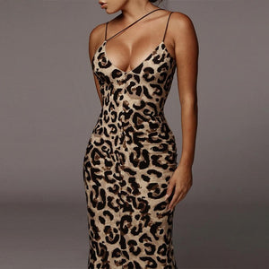 Women's Leopard Print Sleeveless V-neck Midi Dress