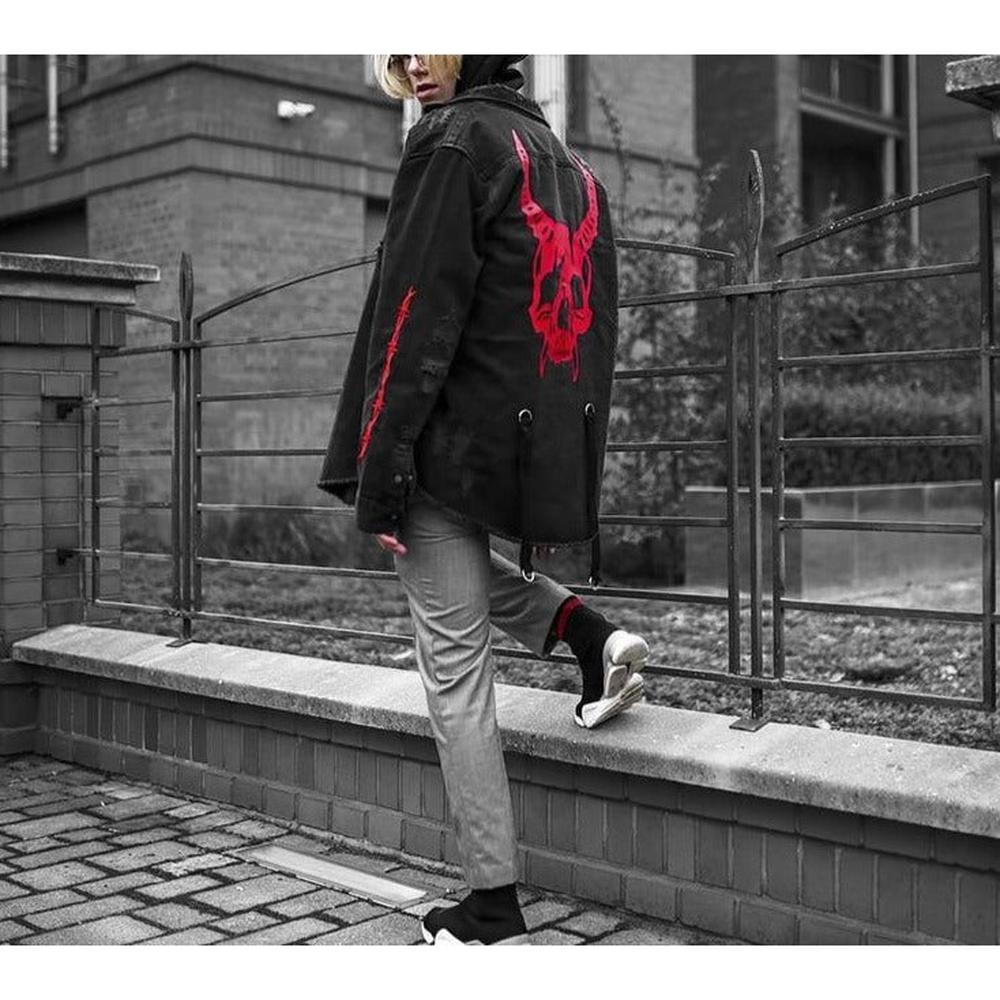 Unisex Harajuku Gothic Demon Hunter Skull Black Denim Jacket