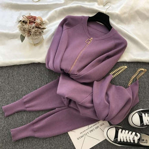 Women Zipper Knitted Cardigans Sweater + Pant + Vest Jumper Trouser Costumes Outfit
