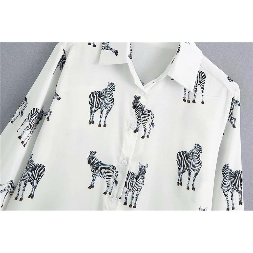 Women Satin Blouse Long Sleeve Zebra Print Shirts