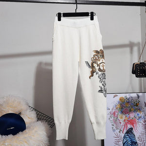Women Sequin Embroidery Flower Loose Knitted Sweater Harem Pants 2 Piece Set