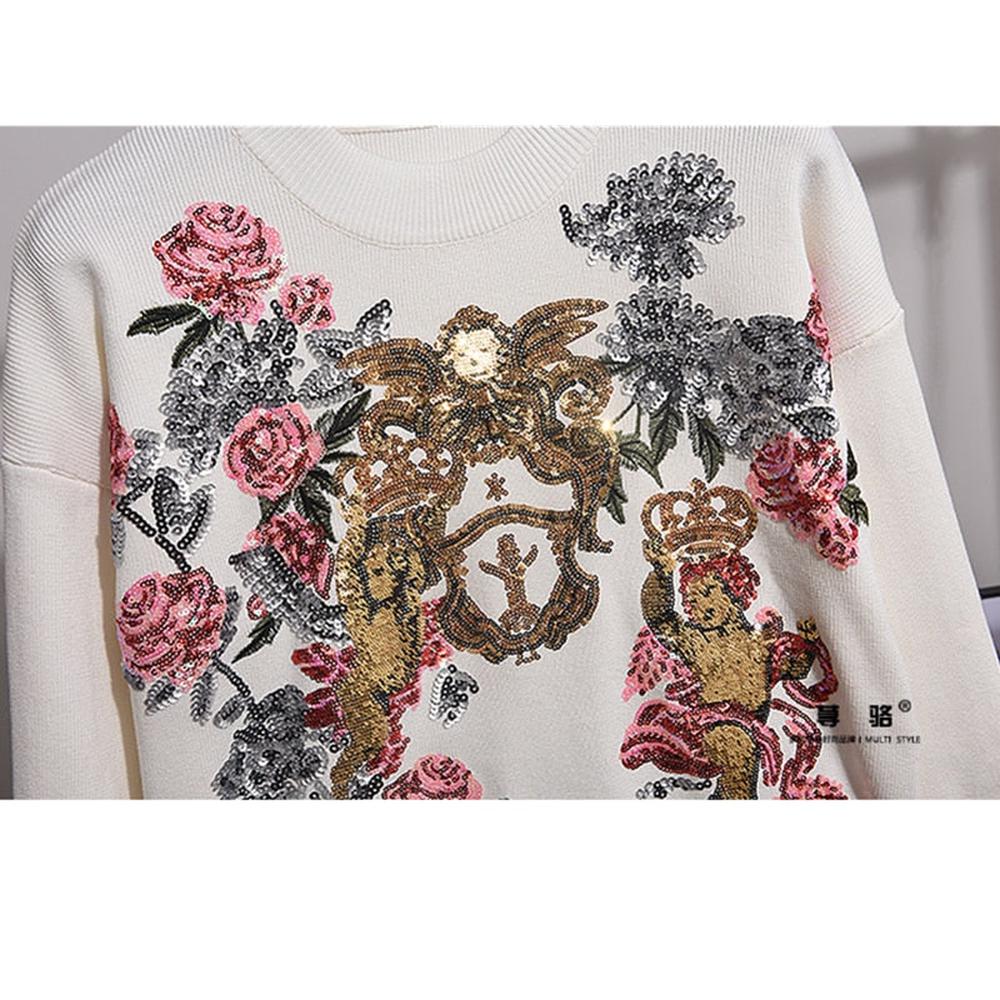 Women Sequin Embroidery Flower Loose Knitted Sweater Harem Pants 2 Piece Set