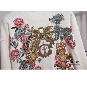 Women Sequin Embroidery Flower Loose Knitted Sweater Harem Pants 2 Piece Set